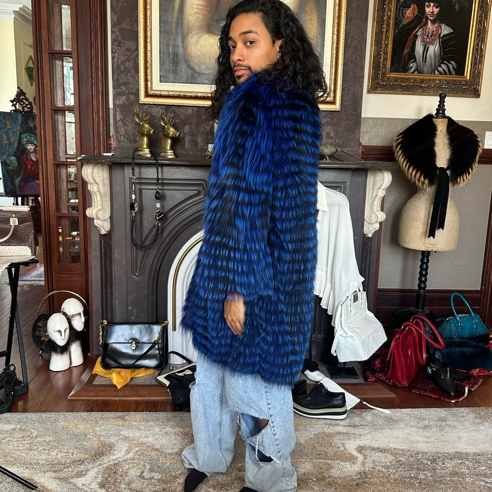 Paolo Moretti Blue Black Fox Fur Jacket 3/4 Sleeve Size 48 - Picture 3 of 9